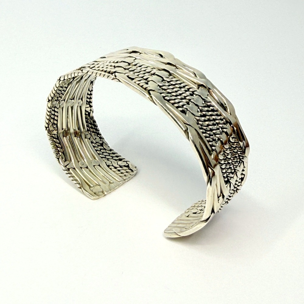 Vintage Sterling Silver Basket Weave Cuff Taxco Style Flat Braided Bracelet - Picture 6 of 8